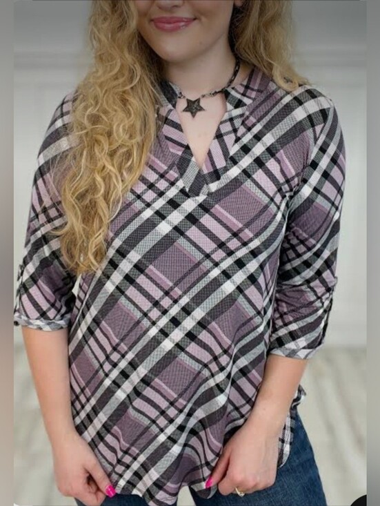Dear Scarlett Tops - Dear Scarlett Lizzy Blouse Size XL Tunic Split Neck Purple Plaid 3/4 Sleeves